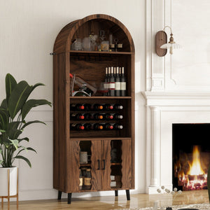 English Elm 71"Farmhouse Arched Wine Bar Cabinet with 15 Bottle Racks, 16 Glass Holders, Anti-Tip Safety for Living/Dining Brown Oak W2977P338256