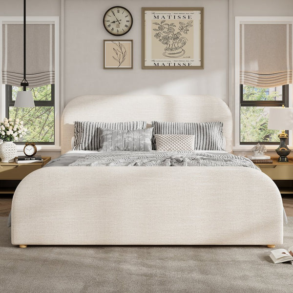 English Elm King Upholstered Bed Curved Linen Headboard Solid Wood Legs Transitional Bedroom N757K427673I