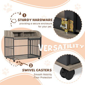 English Elm GO Furniture-Style Dog Crate 44" Gray End Table Kennel with Sliding Barn Door, Storage Shelves, Wheels WF323360AAE