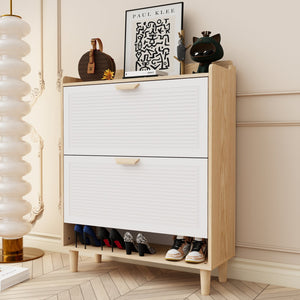 English Elm Shoes Storage Cabinet Slim Flip Door Entryway Organizer with Natural Wood Legs 16 Pairs W3166P268391