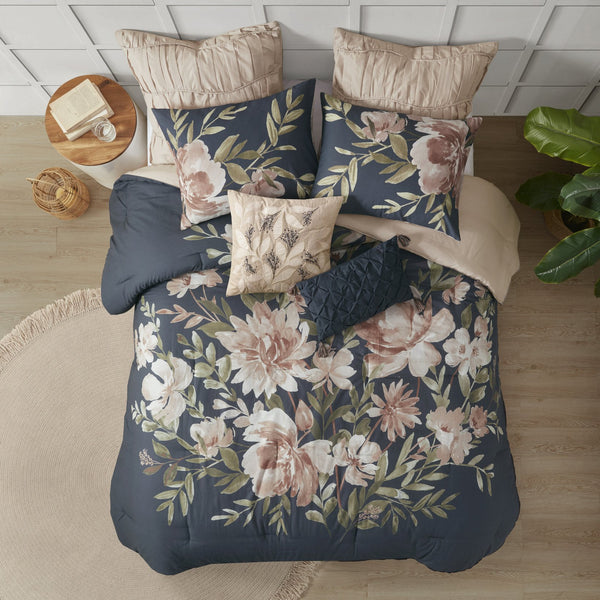 English Elm 8 Camillia Cotton Comforter Set Queen with Blush Floral Print, Ruffled Euro Shams, OEKO-TEX Safe Navy 13.78 L x 18.9 W x 12.6 H B035128842