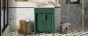 English Elm 24" Bathroom Vanity with Integrated Ceramic Sink and Adjustable Shelf, Vintage Hardware, Space-Saving Design Green N710P277711F