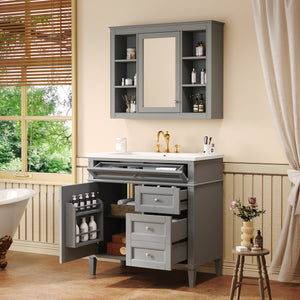 English Elm 36'' Modern Bathroom Vanity Set With Mirror, 2 Soft-Close Drawers, & 6 Open Shelves For Storage N710S236006E