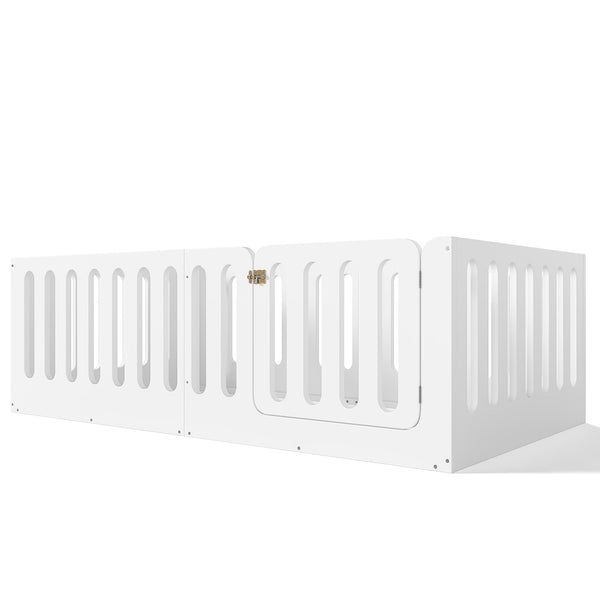 English Elm Twin Solid Pine Montessori Floor Bed with House Frame Door and Safety Fence Light White W5305P420632