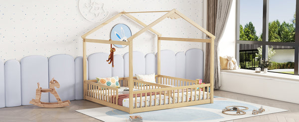 English Elm Double Twin House-Style Floor Bed with Fence Guardrails for Kids, Pine & Plywood Durable Design Natural W504P308461