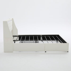 English Elm Queen Platform Bed Wingback Diamond Quilted Headboard Led Lighting Storage Drawers White W5722P462686