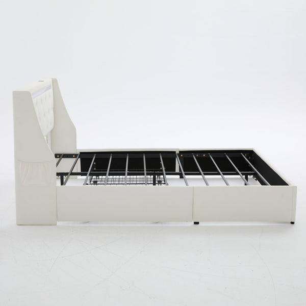 English Elm Queen Platform Bed Wingback Diamond Quilted Headboard Led Lighting Storage Drawers White W5722P462686
