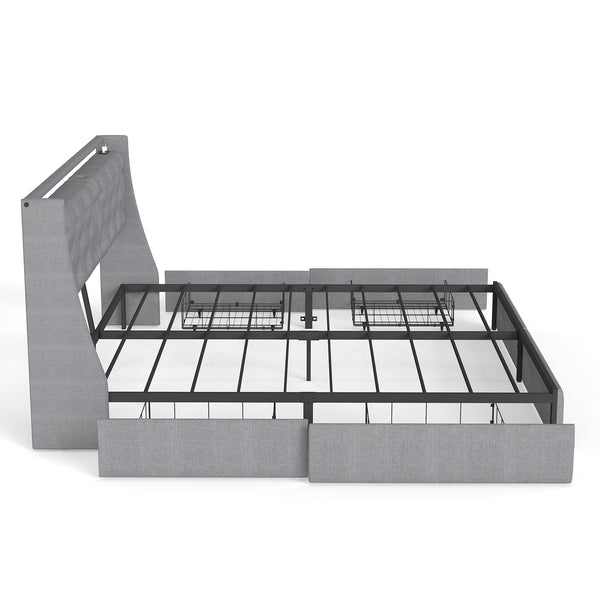 English Elm Queen Storage Platform Bed with Rgb Lighting Linen Headboard and Built-in Charging T3963P437337