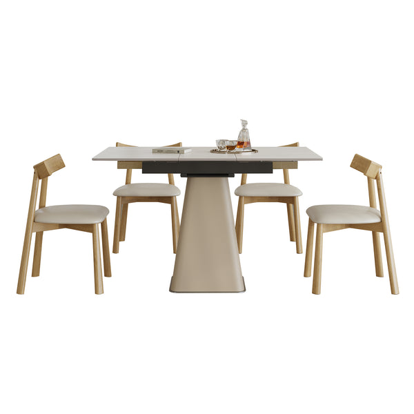 English Elm Retractable Rock Slab Dining Set with Leather Wrapped Base for Compact Apartments W2700S00101