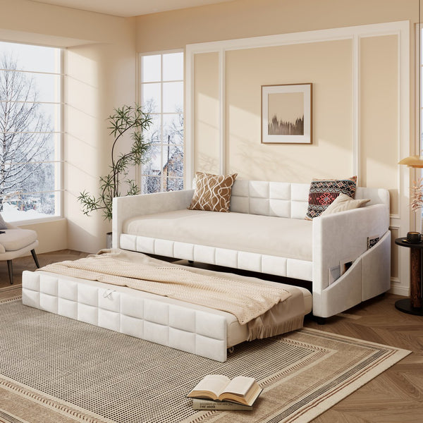 English Elm Modern Velvet Twin Daybed with Pull Out Trundle and Built in Armrest Storage Pockets Beige SF000200AAA