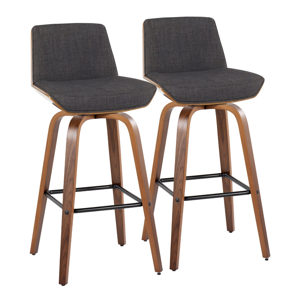English Elm Fixed-height Swivel Barstools Mid-century Walnut Legs Charcoal Upholstered Seat Set of 2 B202S02155