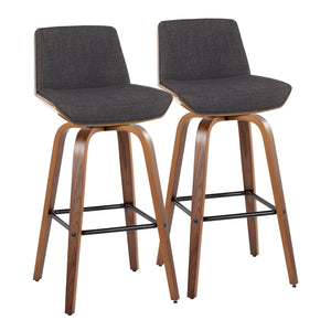 English Elm Fixed-height Swivel Barstools Mid-century Walnut Legs Charcoal Upholstered Seat Set of 2 B202S02155