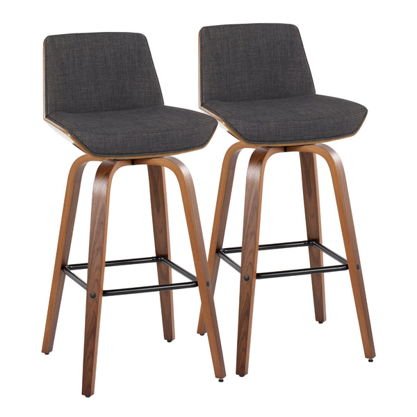 English Elm Fixed-height Swivel Barstools Mid-century Walnut Legs Charcoal Upholstered Seat Set of 2 B202S02155