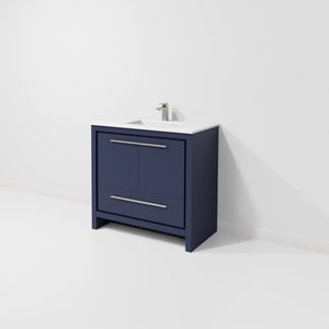 English Elm Navy Blue Bath Vanity With Cultured Marble Top, Gun Metal Faucet & Soft-Close Storage Solutions B2731P259352