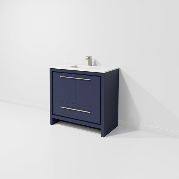 English Elm Navy Blue Bath Vanity With Cultured Marble Top, Gun Metal Faucet & Soft-Close Storage Solutions B2731P259352
