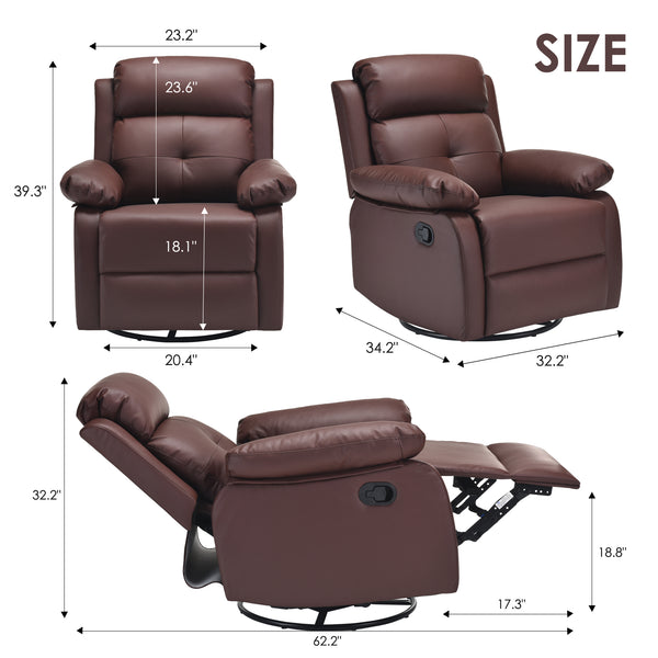 English Elm Small Rocker Swivel Recliner Chair with 360° Swivel, 30° Rocking and Adjustable 90–150° Recline Comfortability Brown T3623P380479