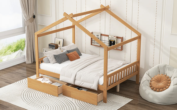 English Elm Full House Platform Bed with Roof Design and Two Drawers, Pine/MDF Durable Frame, Kid-Friendly Cozy Finish Natural WF292923AAD