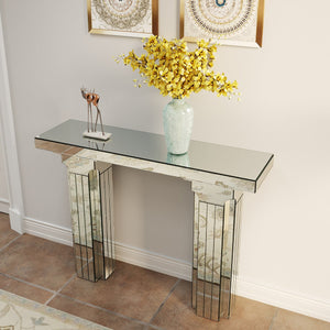 English Elm Mirrored Console Table 64" Wide Bling Silver Glass Entryway Desk Modern Multi-Tier Edge Design W3836P370299