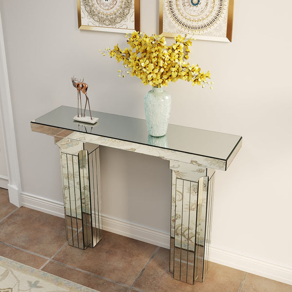 English Elm Mirrored Console Table 64" Wide Bling Silver Glass Entryway Desk Modern Multi-Tier Edge Design W3836P370299