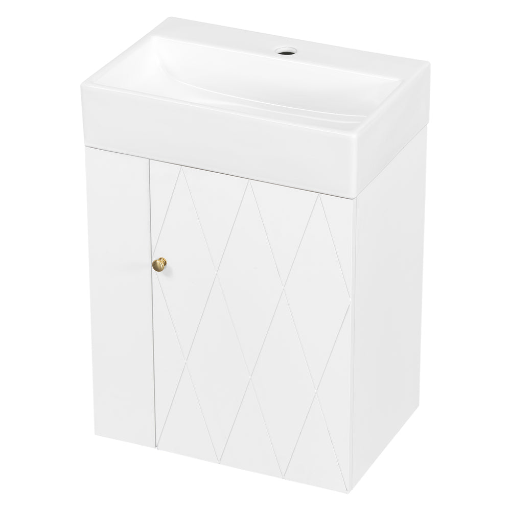 English Elm 20 Modern Wall-Mounted Bathroom Vanity with Ceramic Sink, Diamond Door, Gold Handles & Shelves — Compact White N725P314033K