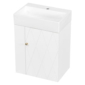 English Elm 20 Modern Wall-Mounted Bathroom Vanity with Ceramic Sink, Diamond Door, Gold Handles & Shelves — Compact White N725P314033K