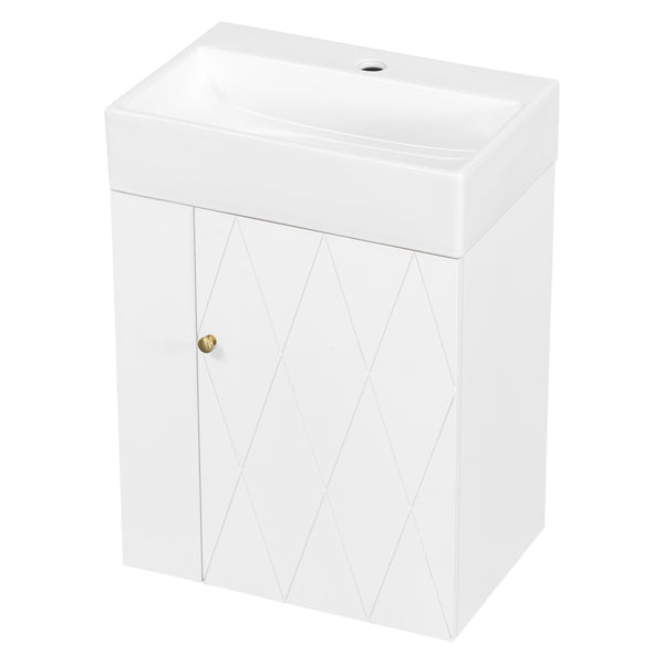 English Elm 20 Modern Wall-Mounted Bathroom Vanity with Ceramic Sink, Diamond Door, Gold Handles & Shelves — Compact White N725P314033K