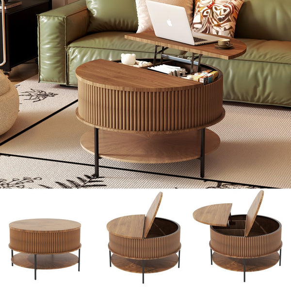 English Elm Flip-top Round Storage Coffee Table Farmhouse Wood Grain Steel Frame Living Room T2398P411962