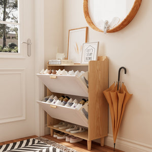 English Elm Shoes Storage Cabinet Slim Flip Door Entryway Organizer with Natural Wood Legs 16 Pairs W3166P268391