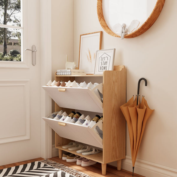 English Elm Shoes Storage Cabinet Slim Flip Door Entryway Organizer with Natural Wood Legs 16 Pairs W3166P268391