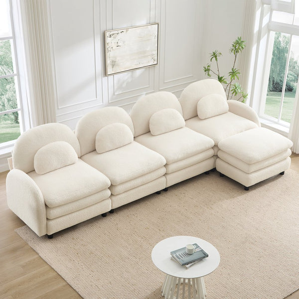 English Elm Teddy Fleece Curved Modular Sectional Sofa with Ottoman Four Seat Cloud Comfort Beige White W5656S00087