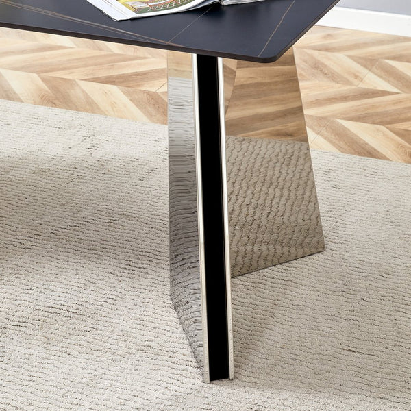 English Elm 63"x31.5x30" Marble Slab Rectangular Dining Table with Sculptural Butterfly Stainless Legs Black,Silver W1151S04576