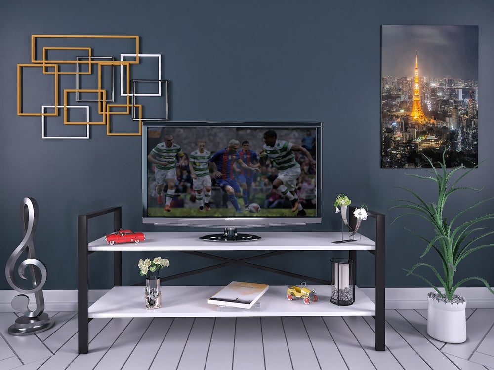 English Elm 47" Ikra TV Stand White with Black Metal Legs, Open Shelves & Crossbar Support for Modern Homes B029P330621