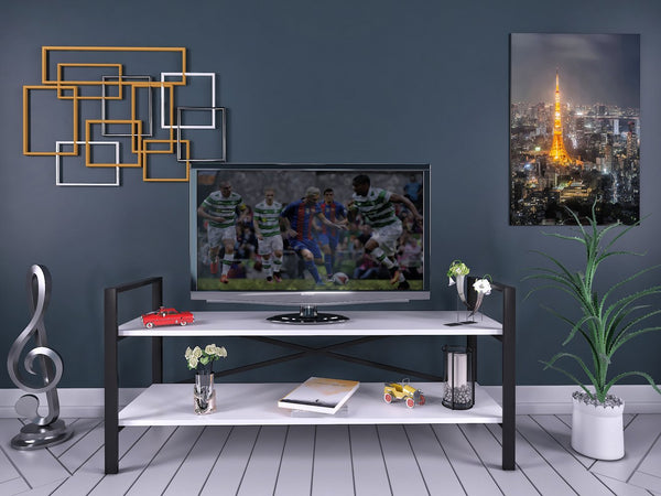 English Elm 47" Ikra TV Stand White with Black Metal Legs, Open Shelves & Crossbar Support for Modern Homes B029P330621