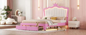 English Elm Full Size Upholstered Bed Frame With Led Lights – Chic Pink Princess Design, Crown Headboard & Storage Drawers W2770P190367