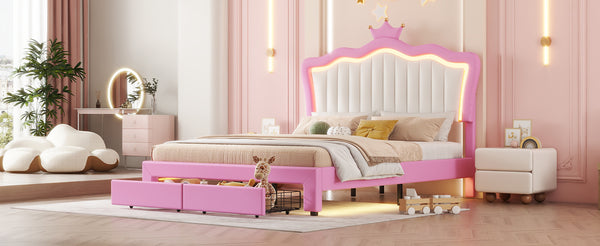 English Elm Full Size Upholstered Bed Frame With Led Lights – Chic Pink Princess Design, Crown Headboard & Storage Drawers W2770P190367
