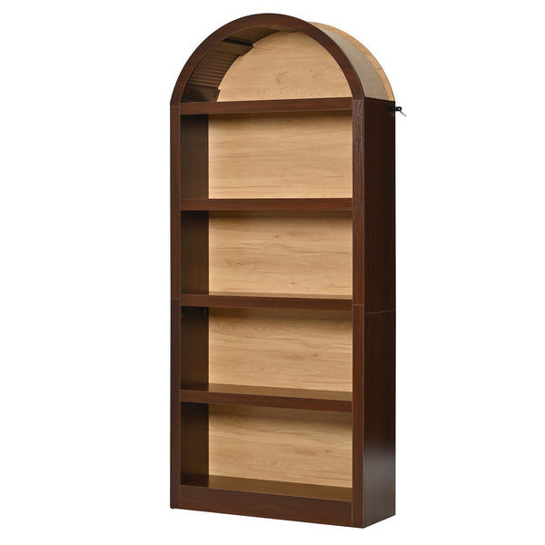 English Elm On-trend Farmhouse Two-tone Bookcase Set Arched Fabric Crown Open 5-tier Shelving Walnut N721P411205P