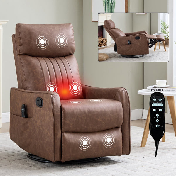 English Elm Beige Fabric Swivel Rocker Recliner with Massage Nodes and Lumbar Heat for Living Room Brown W1803P363426