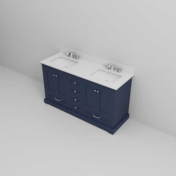 English Elm Navy Double Bath Vanity 60" W x 22" D with White Quartz Top, Soft-Close Drawers, Chrome Faucet Set B2731P258381