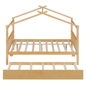English Elm Full Size House Bed Solid Pinewood Frame with Pull Out Twin Trundle for Kids Natural LP000305AAM-1