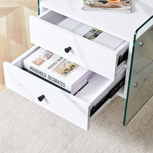 English Elm Double-drawer modern bedside table with MDF surface, tempered glass sides, elegant storage design W1151P191734