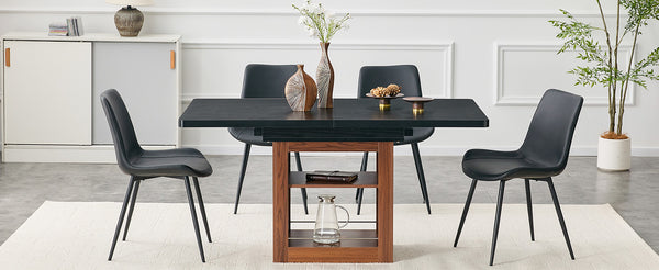 English Elm Scalable Extendable Dining Set Four Chairs Linen Upholstered Walnut Base Modern Walnut+Black W1151S04699