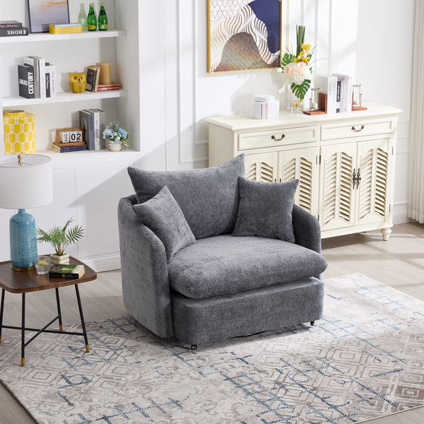English Elm 360° 360 Swivel Oversized Chenille Armchair with Pocket Spring Seat and Three Throw Pillows Grey W1361S00053