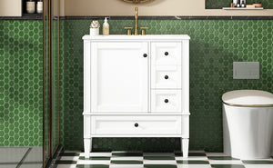 English Elm 30 30 Inch Bathroom Vanity with Ceramic Sink, Modern Compact 3-Drawer Storage Cabinet for Small Baths White N710P247499K
