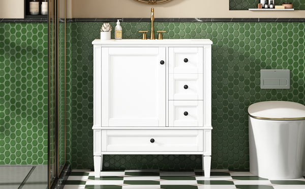 English Elm 30 30 Inch Bathroom Vanity with Ceramic Sink, Modern Compact 3-Drawer Storage Cabinet for Small Baths White N710P247499K