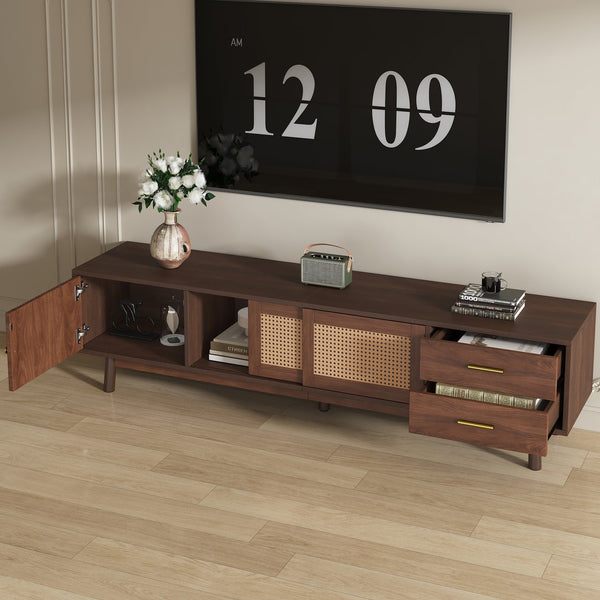 English Elm Mid Century Modern TV Stand with Rattan Sliding Doors, Solid Wood Legs, Drawers & Waterproof Top N710P257617P