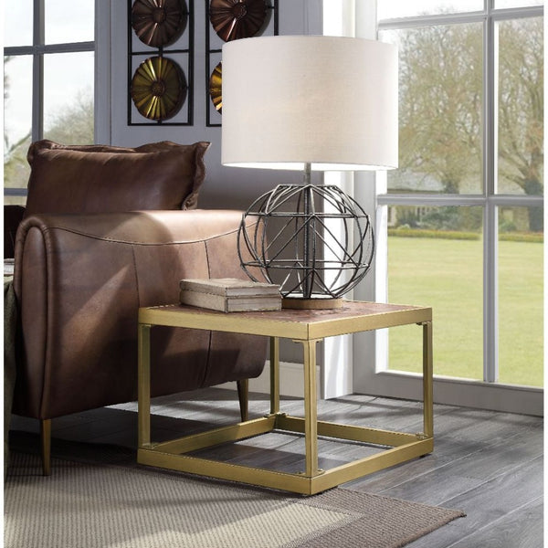 English Elm Retro Brown End Table – Stylish Vintage-Modern Design With Leather Top & Open Iron Base For Versatile Use B062P209087-GIGA