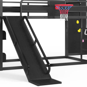 English Elm Twin Xl Metal Loft Bed with Climbing Wall Slide Basketball Hoop and Bookshelves W1580S00588