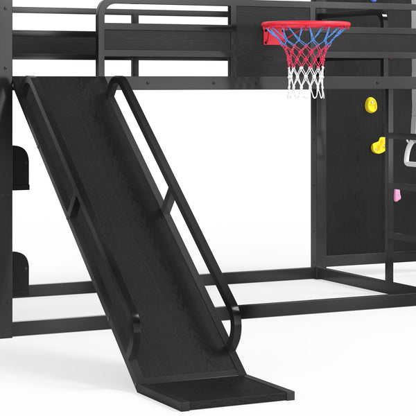 English Elm Twin Xl Metal Loft Bed with Climbing Wall Slide Basketball Hoop and Bookshelves W1580S00588