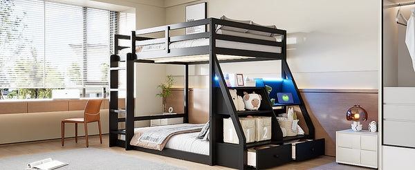 English Elm Full Bunk Bed with App Led Lighting Usb Charging Storage Drawers Kids Bedroom Black N820S00080B