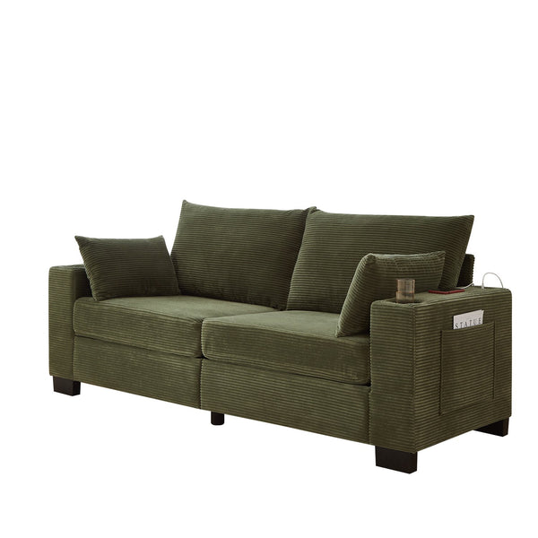 English Elm 78"corduroy Plush Three Seat Sofa with Usb Ports Cup Holders Deep Cushions Apartment Green W3705P455917